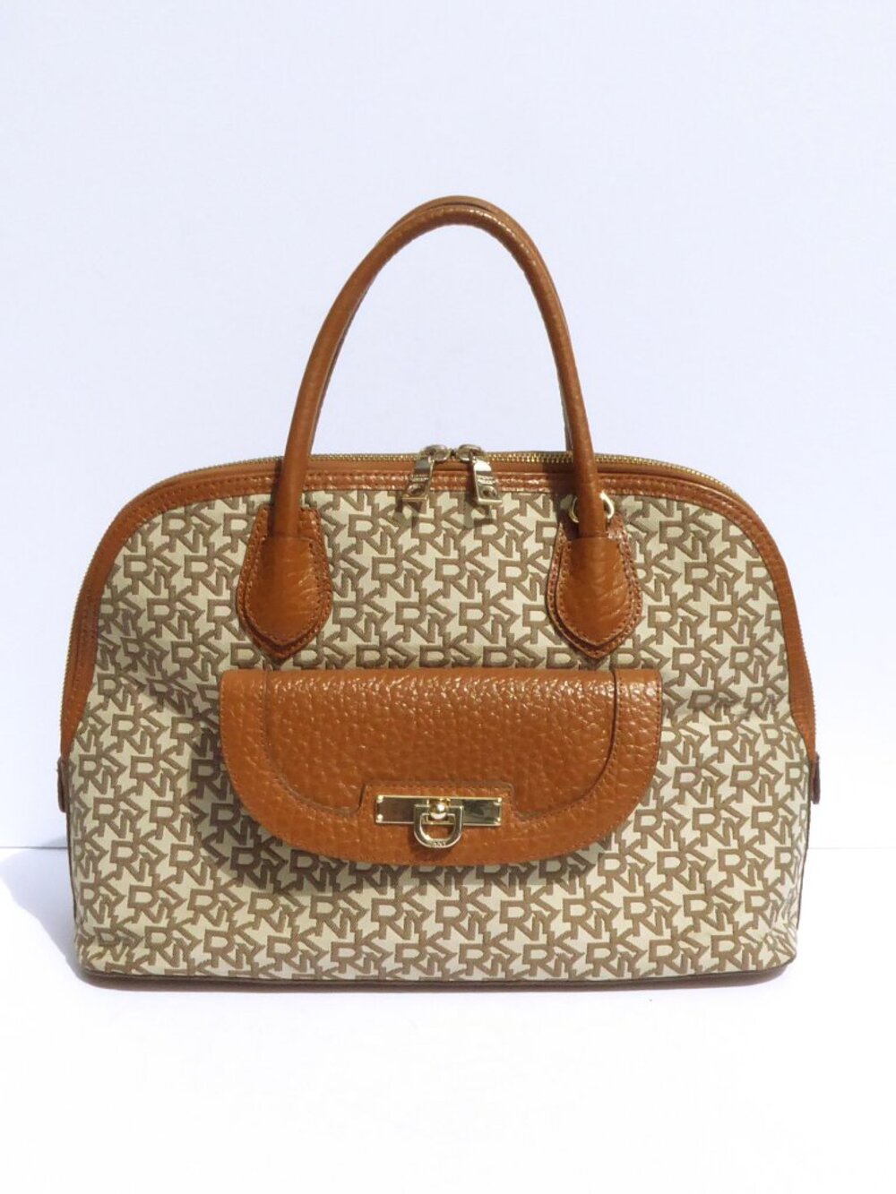 DKNY light brown genuine leather monogram logo canvas large bowler handbag purse